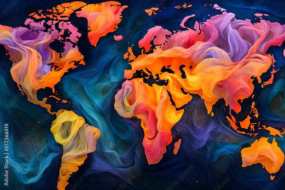 Aufkleber an abstract world map composed of vibrant, swirling colors, representing the diversity and interconn