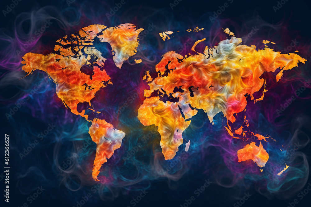 Poster an abstract world map composed of vibrant, swirling colors, representing the diversity and interconn