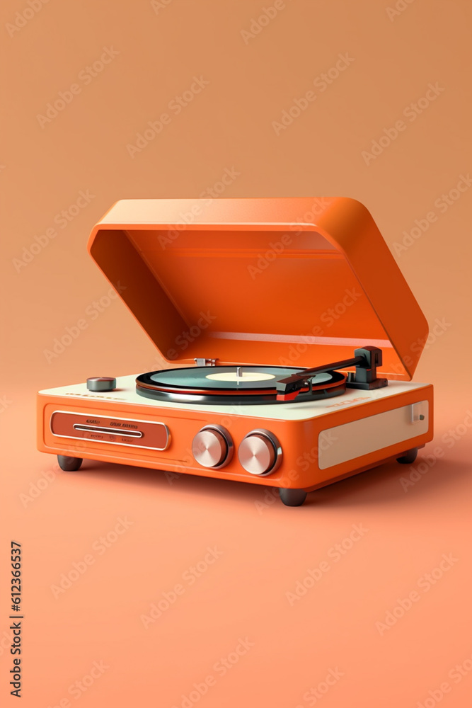 Leinwandbilder a retro record player in a vibrant shade of orange, complete with a vinyl record spinning on the tur