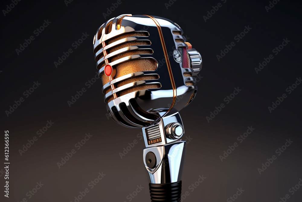 Aufkleber A vintage radio microphone with a gleaming chrome body, recalling the golden age of broadcasting and live performances. Generative AI technology.