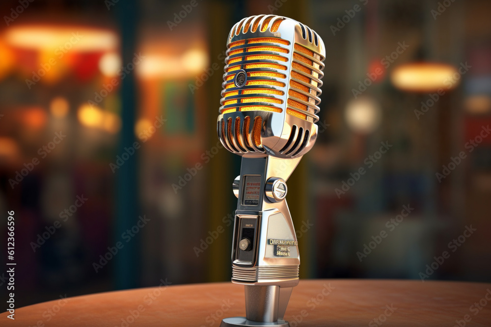 Poster a vintage radio microphone with a gleaming chrome body, recalling the golden age of broadcasting and