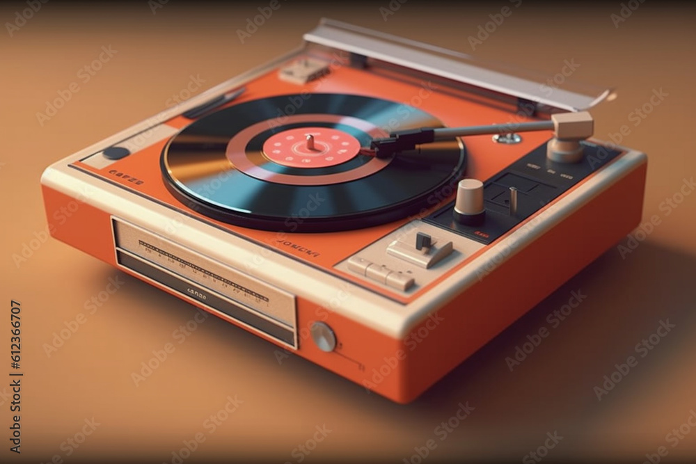 Poster A vintage turntable with a retro-inspired design, featuring a built-in AM/FM radio and a slot for playing cassette tapes, Generative AI technology.