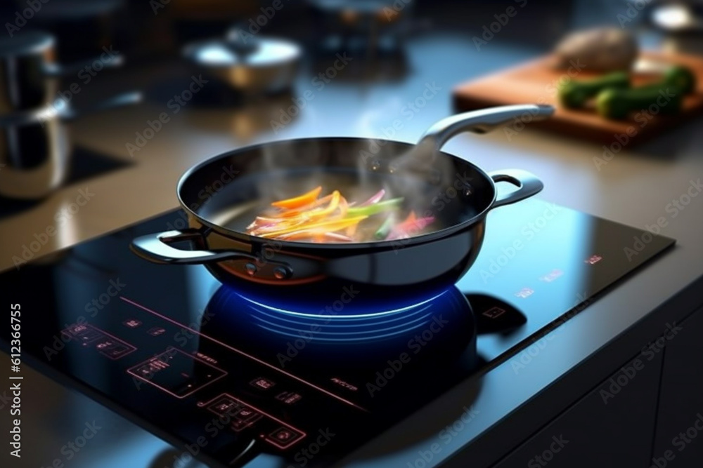 Poster A sleek and modern induction cooktop, providing precise temperature control and rapid heating for efficient cooking. Generative AI technology.