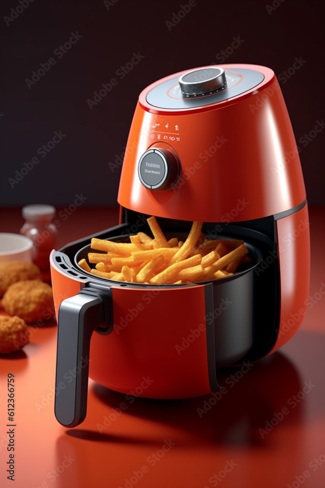Poster A versatile air fryer with multiple cooking functions, enabling users to enjoy crispy and healthier versions of their favorite fried foods.  Generative AI technology.