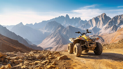 ATV Quad Bike in front of mountains landscape. Generative Ai