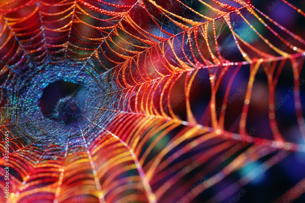 Poster A close-up of a spider's web, capturing the intricate spiral pattern and the intricate threads.  Generative AI technology.
