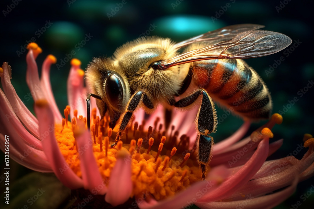 Poster The details of a honeybee collecting nectar from a flower, showcasing its fuzzy body and delicate proboscis.  Generative AI technology.
