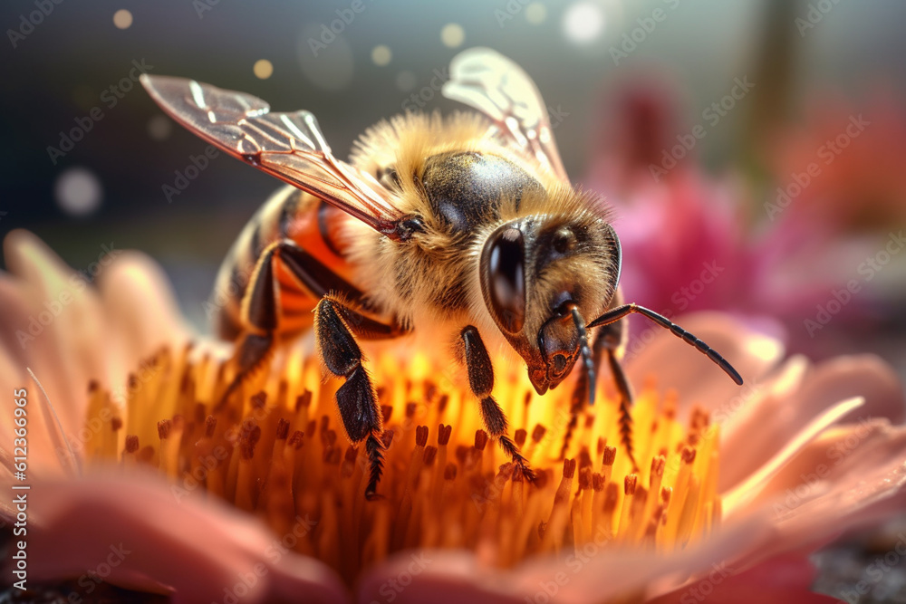 Aufkleber The details of a honeybee collecting nectar from a flower, showcasing its fuzzy body and delicate proboscis.  Generative AI technology.