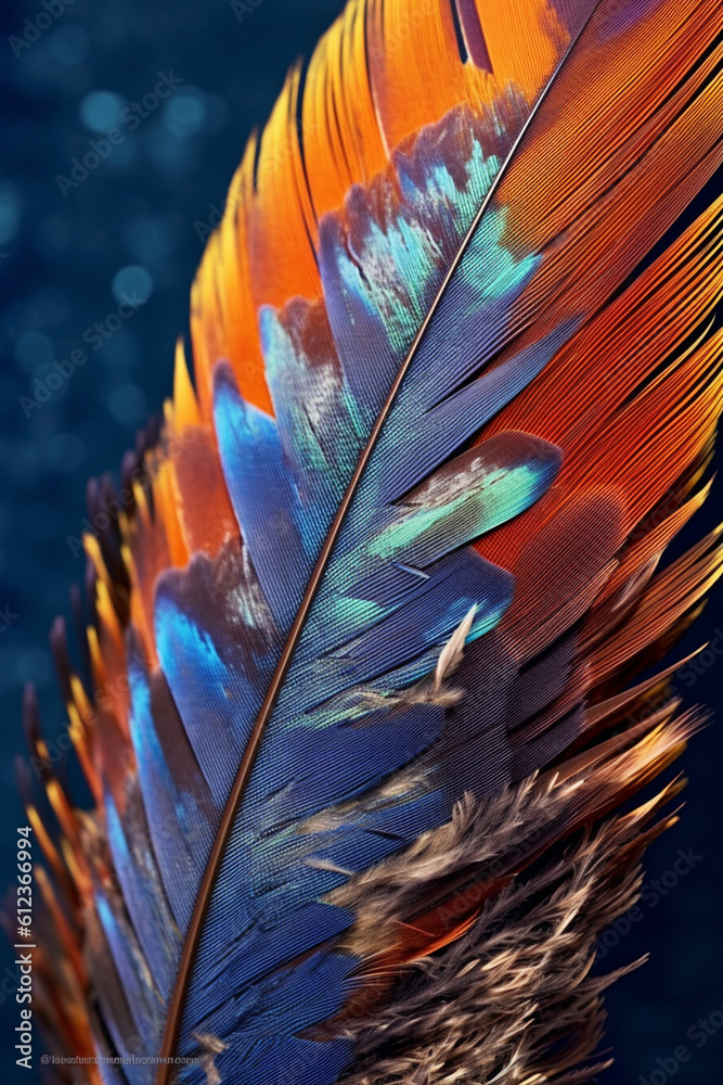 Poster a close-up of a feather, showcasing its intricate barbs, vanes, and unique coloration. generative ai