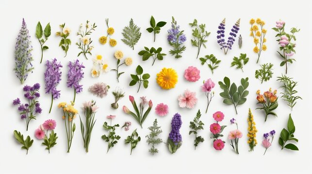 Collection beautiful garden flowers, Roses, tulips, sunflowers, lavender, dhalia,Lilies, pansies, delphiniums, colorfull, photo, isolated, transparent background, top view, flat lay, AI generated