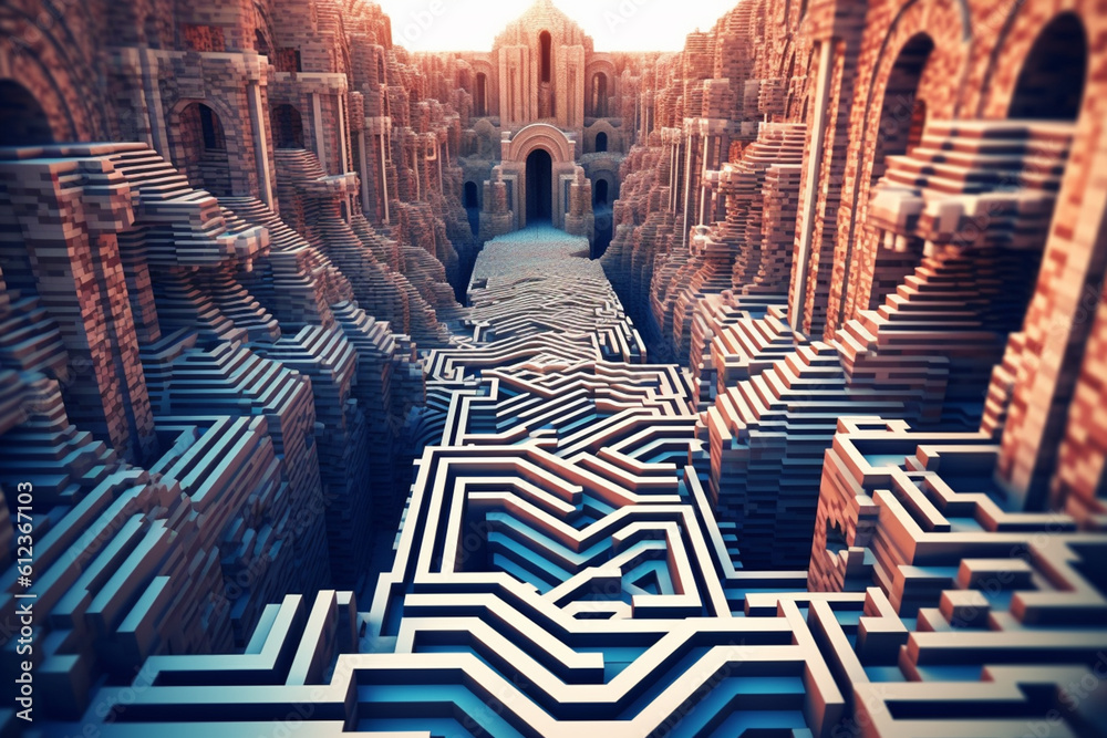 Poster a labyrinthine pattern of interlocking paths and corridors, representing a journey or exploration. g