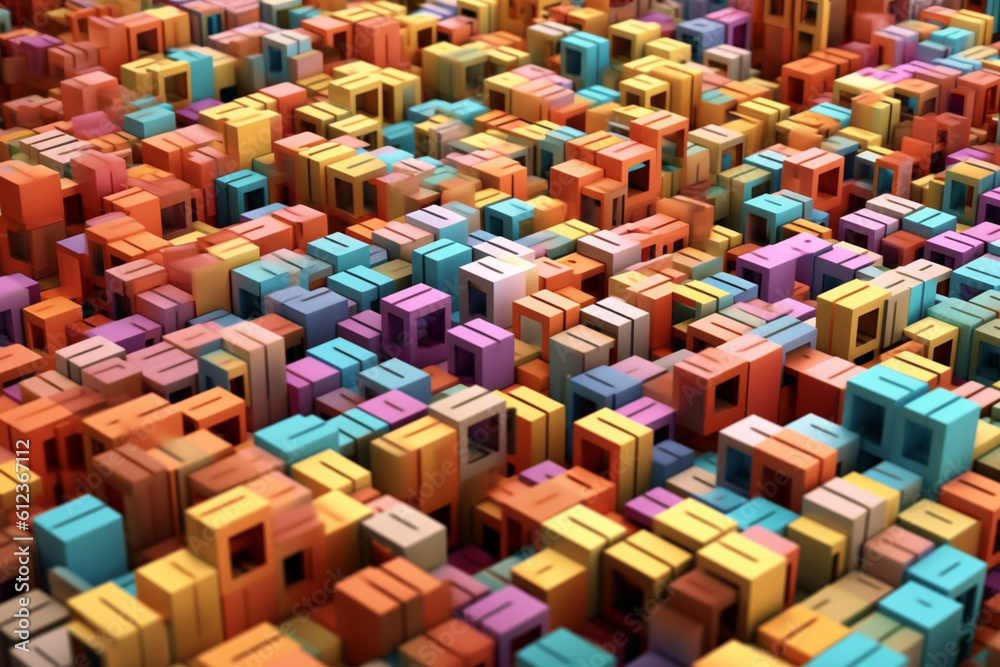 Poster a complex pattern of interlocking puzzle cubes, resembling a three-dimensional maze or puzzle. gener