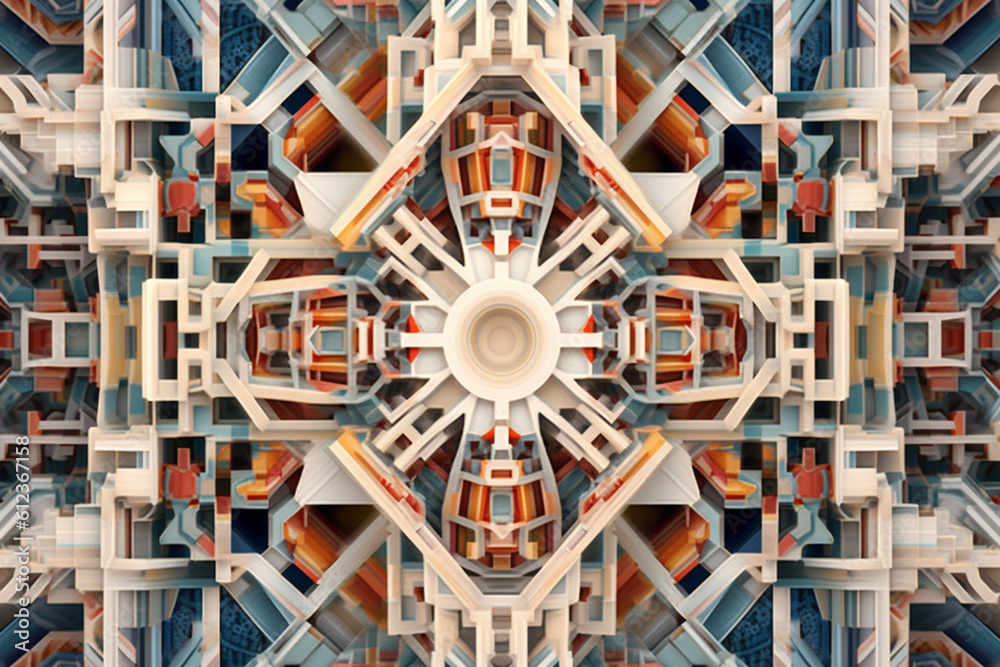 Poster A symmetrical pattern of interlocking architectural elements, creating an illusion of depth and dimension. Generative AI technology.