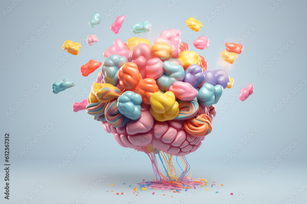 Poster a whimsical pastel brain with colorful balloons and floating ribbons, capturing a sense of joy and l