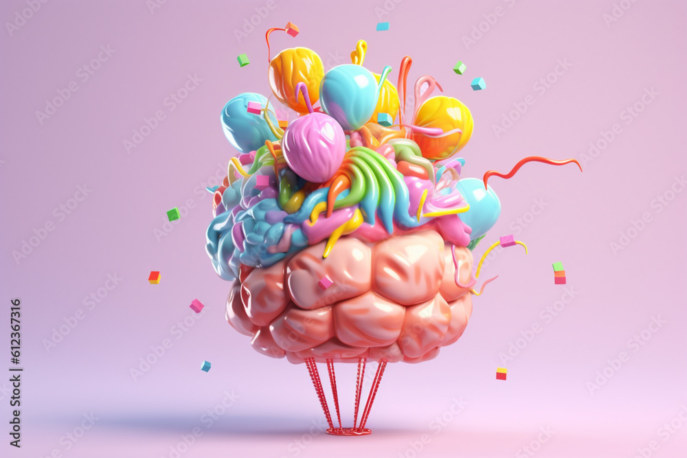 Poster a whimsical pastel brain with colorful balloons and floating ribbons, capturing a sense of joy and l