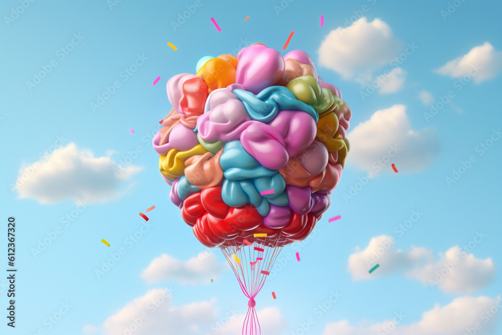 Poster a whimsical pastel brain with colorful balloons and floating ribbons, capturing a sense of joy and l
