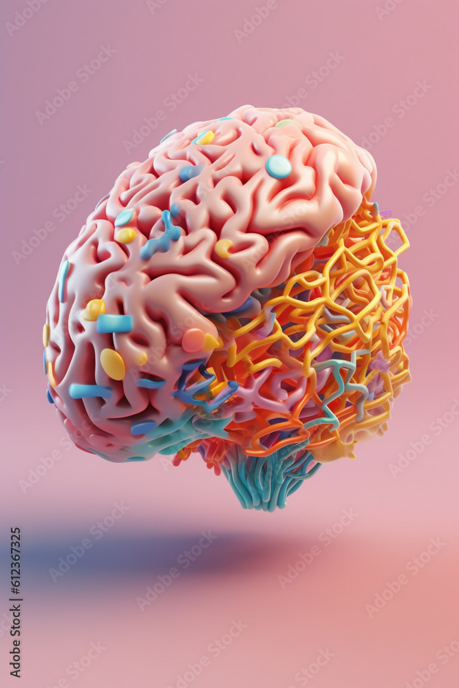 Poster A pastel-colored brain with geometric patterns and intersecting lines, evoking a sense of order and structure.  Generative AI technology.