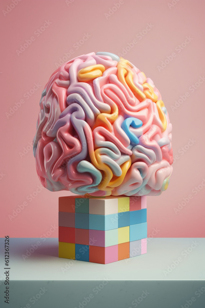 Leinwandbilder A pastel-colored brain with geometric patterns and intersecting lines, evoking a sense of order and structure.  Generative AI technology.