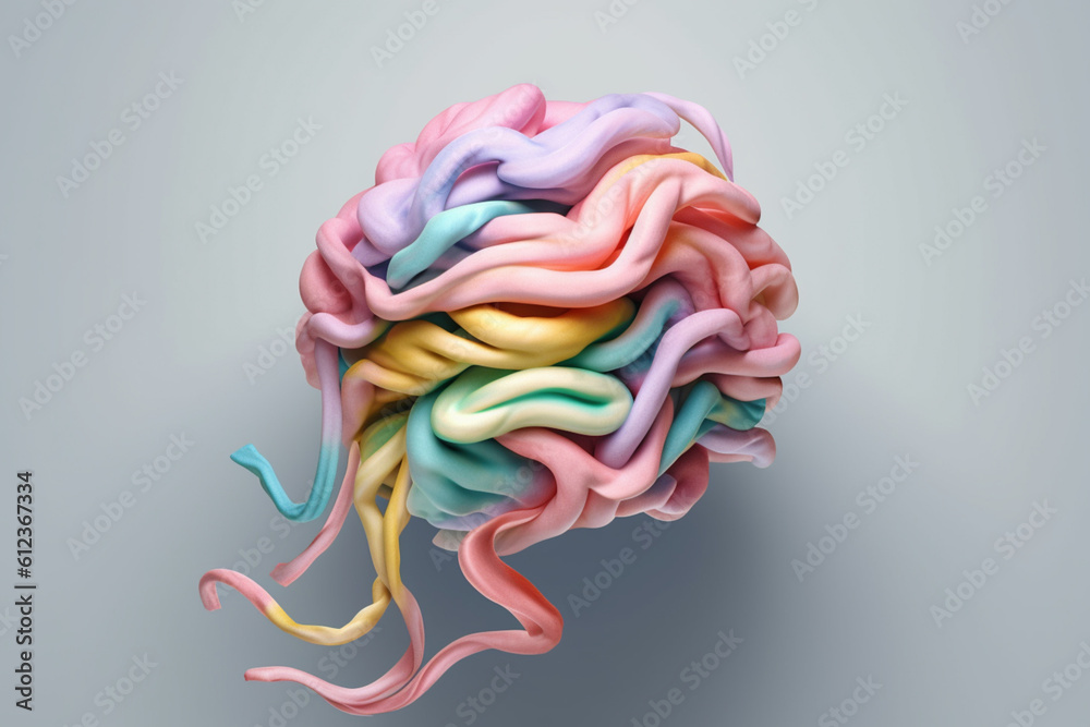Poster a pastel brain with flowing ribbons and ribbons, representing the interconnectedness of thoughts and