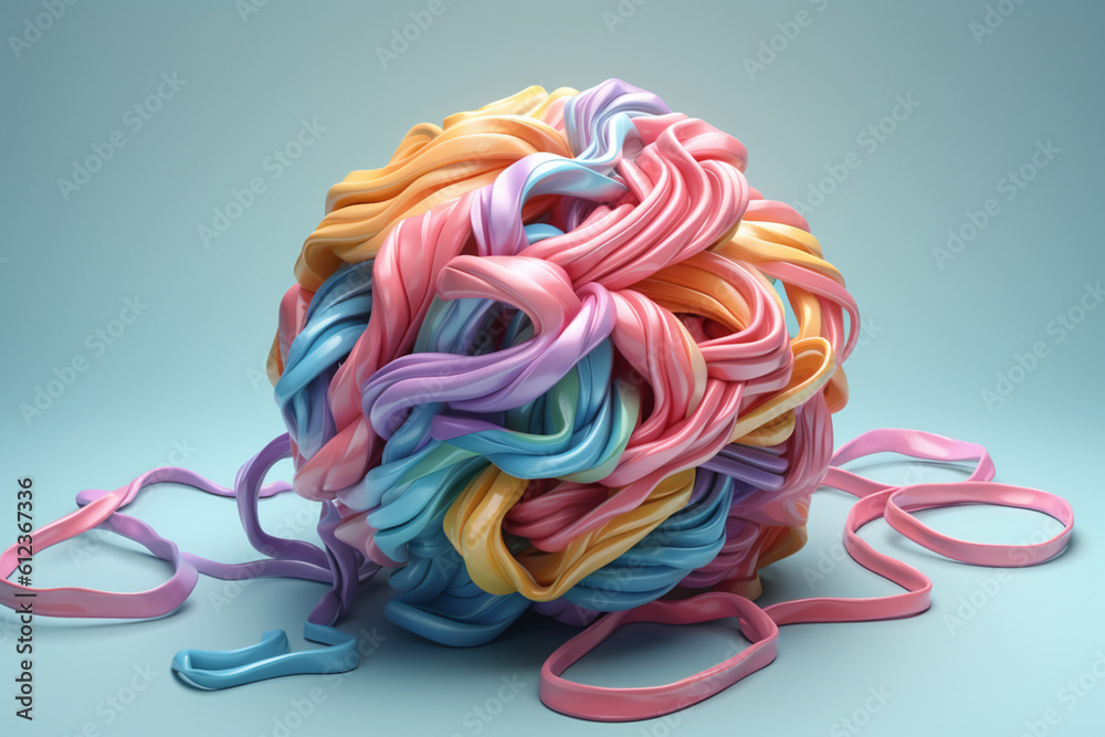 Poster a pastel brain with flowing ribbons and ribbons, representing the interconnectedness of thoughts and