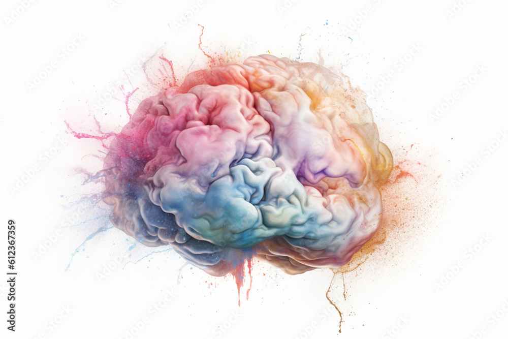 Poster a pastel brain with ethereal watercolor splatters and brushstrokes, creating a sense of movement and