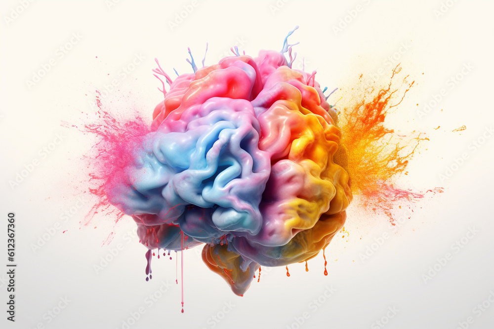 Poster a pastel brain with ethereal watercolor splatters and brushstrokes, creating a sense of movement and