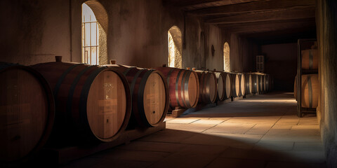 Wooden barrels in cellar of winery. AI generated.