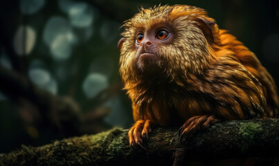 Photo portrait of golden lion marmoset, majestically perched on a tree branch in the lush Amazon rainforest. Generative AI