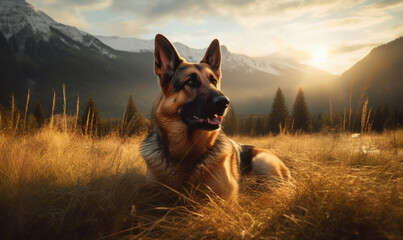 Morning Patrol: Photo of guide dog, a majestic German Shepherd, patrolling a grassy meadow at sunrise, with the majestic mountain range in the background. Generative AI - obrazy, fototapety, plakaty