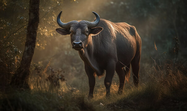 photo of gaur (Bos gaurus) on a forest path at golden hour sunset. Generative AI