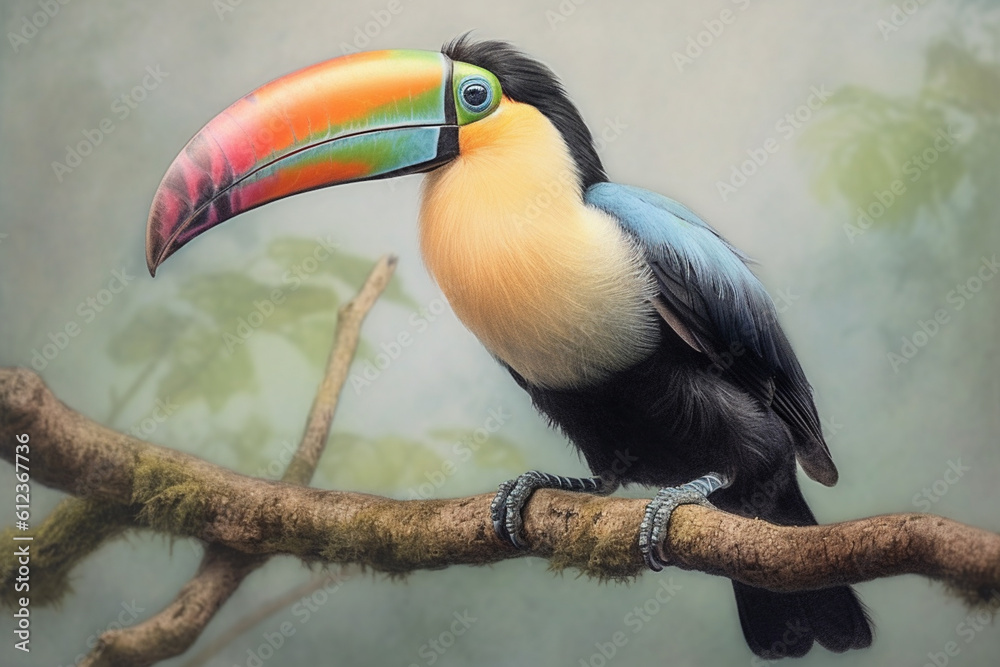 Poster a pastel toucan perched on a branch, its feathers adorned with subtle pastel shades and intricate de
