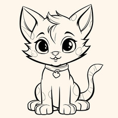 Cat coloring page for children.Сartoon style hand drawing vector illustration in black outline on a white
