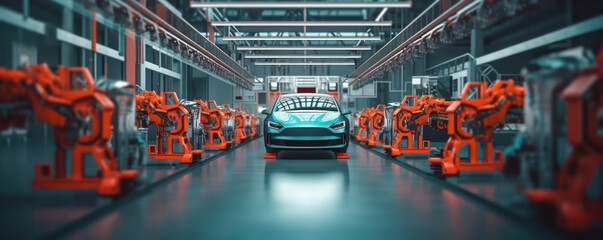 Automated robotics futuristic electric cars factory production line. Generative AI