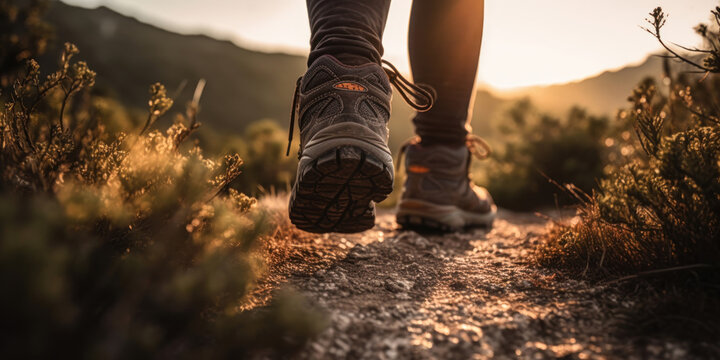 Man hiking up a mountain trail with a close-up of his leather hiking boots. The hiker shown in motion, with one foot lifted off the ground and the other planted on the mountain trail. Generative AI