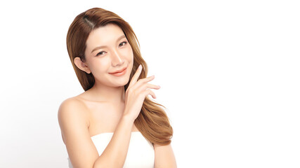 Beautiful young asian woman with clean fresh skin on white background, Face care, Facial treatment, Cosmetology, beauty and spa, Asian women portrait.