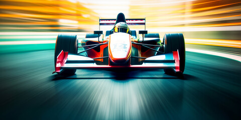 Speeding Adrenaline Rush: Racing car is riding towards finish line with high speed. F1 Champion concept Generative AI