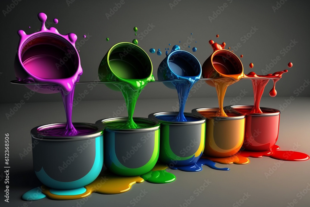 Poster A set of paint pots with different colors merging and dripping together, symbolizing the harmony and unity of artistic expression. Generative AI technology.