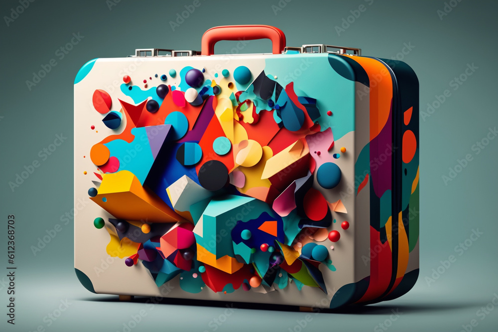 Leinwandbilder an abstract suitcase bursting with colorful geometric shapes, representing the anticipation and expl