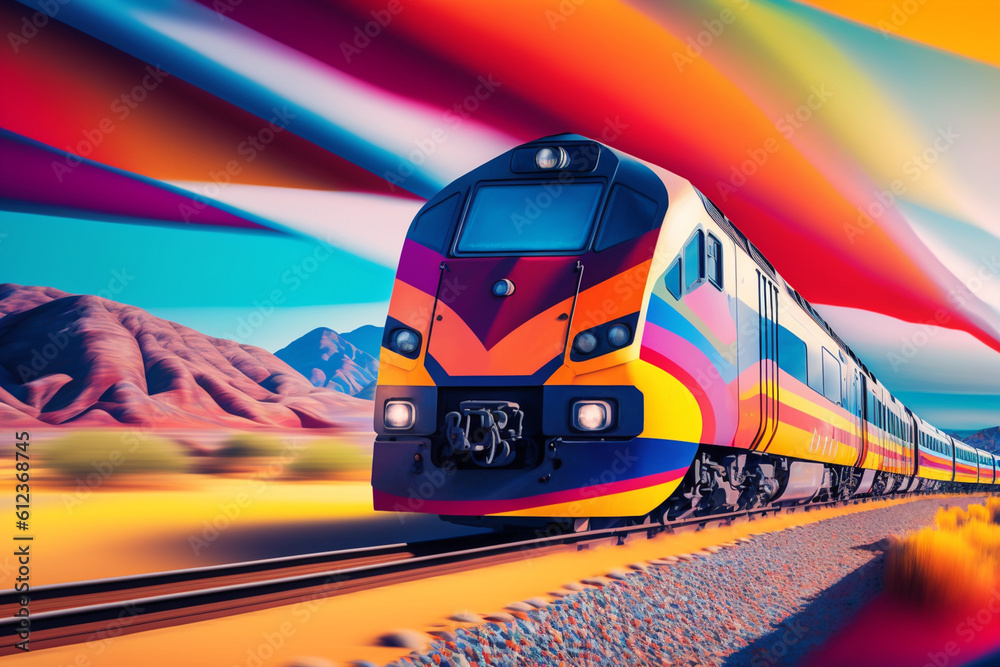 Poster an abstract train traveling through a vibrant landscape, depicted with dynamic lines and bold colors