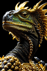 Fototapeta premium Modern reptile Iguana with jewels, abstract art . Generative ai