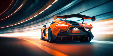 Naklejka premium Speeding Through the Light: Futuristic Sport non-existent concept racing car at high speed riding in illuminated road tunnel. Generative AI