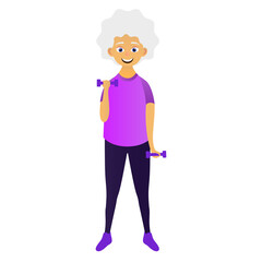 Happy old women dressed in sports clothing doing fitness exercises with dumbbells. Cute grandmother. Active elderly man. Cartoon character. Illustration on transparent background
