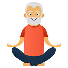 Happy old men dressed in sports clothing practicing yoga exercises. Cute grandfather. Active elderly man. Cartoon character. Illustration on transparent background