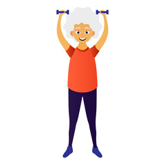 Happy old women dressed in sports clothing doing fitness exercises with dumbbells. Cute grandmother. Active elderly man. Cartoon character. Illustration on transparent background