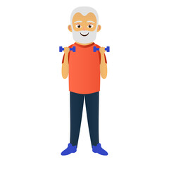 Happy old men dressed in sports clothing doing fitness exercises with dumbbells. Cute grandfather. Active elderly man. Cartoon character. Illustration on transparent background