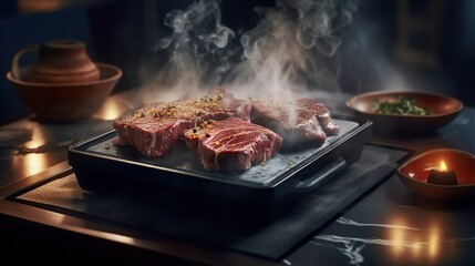 Hot plate steak wagyu with smoke on the luxury table - obrazy, fototapety, plakaty