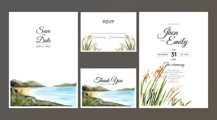 wedding invitation suite with watercolor romantic beach and mountains landscape