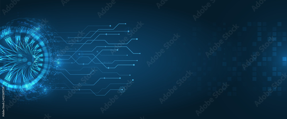Poster Hi-tech digital technology concept. Illustration of high computer technology on blue background. Abstract futuristic design. Sci-fi, dynamic vector illustration.