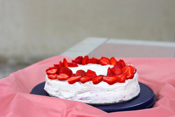 Homemade strawberry and cream sponge cake. Selective focus.