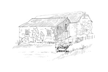 Farm sketch. Cows are grazing in a meadow. Rural landscape hand drawn vector illustration.